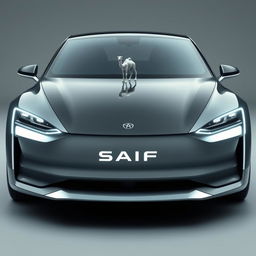 Design a unique and hyper-realistic front view of an electric sedan that does not duplicate any existing car models