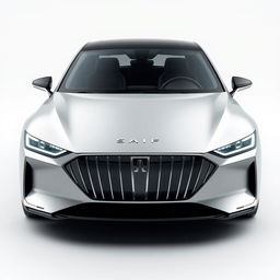 Design a unique and hyper-realistic front view of an electric sedan named 'SAIF' that does not duplicate any existing car models