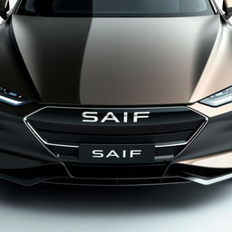 Design a unique and hyper-realistic front view of an electric sedan named 'SAIF' that does not duplicate any existing car models