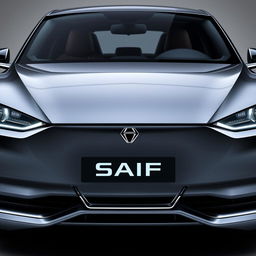 Design a unique and hyper-realistic front view of an electric sedan named 'SAIF' that does not duplicate any existing car models