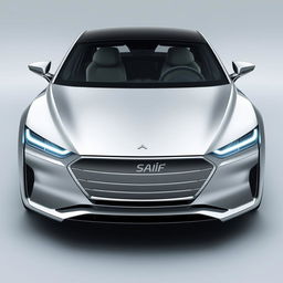 Design a unique and hyper-realistic front view of an electric sedan named 'SAIF' that does not duplicate any existing car models