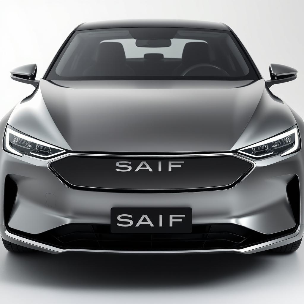 Design a unique and hyper-realistic front view of an electric sedan named 'SAIF' that does not duplicate any existing car models