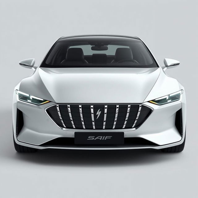 Design a unique and hyper-realistic front view of an electric sedan named 'SAIF' that does not duplicate any existing car models