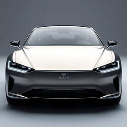 Design a unique and hyper-realistic front view of an electric sedan named 'SAIF' that does not duplicate any existing car models