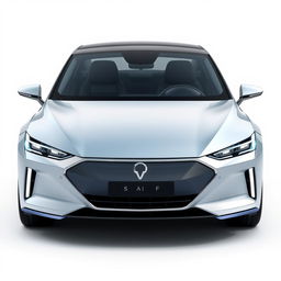 Design a unique and hyper-realistic front view of an electric sedan named 'SAIF' that does not duplicate any existing car models