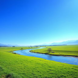 Create an image of a serene landscape with a clear blue sky, lush green fields, and a sparkling river flowing through the middle