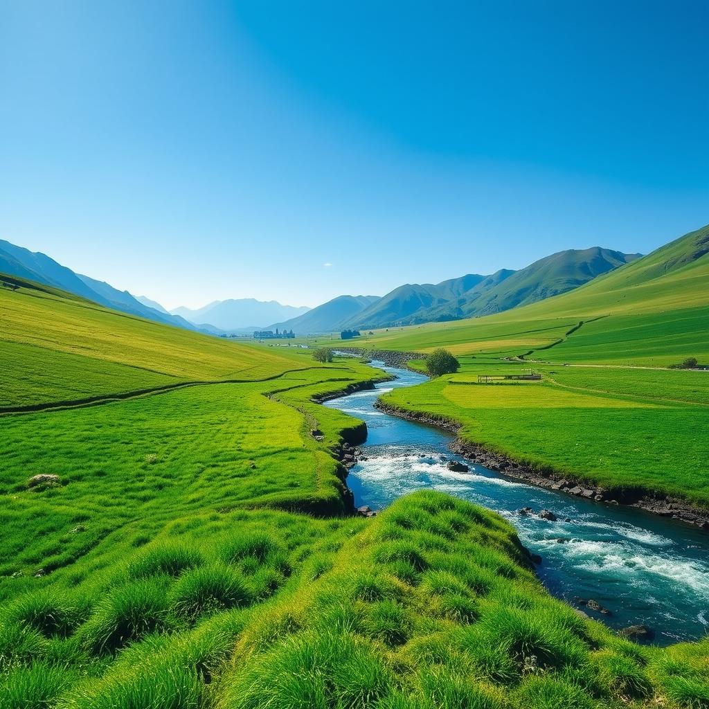 Create an image of a serene landscape with a clear blue sky, lush green fields, and a sparkling river flowing through the middle