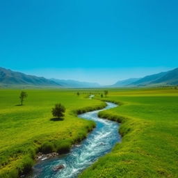 Create an image of a serene landscape with a clear blue sky, lush green fields, and a sparkling river flowing through the middle