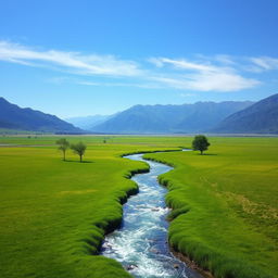 Create an image of a serene landscape with a clear blue sky, lush green fields, and a sparkling river flowing through the middle