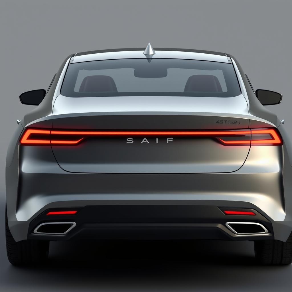 Design a unique and hyper-realistic rear view of an electric sedan named 'SAIF' that does not duplicate any existing car models