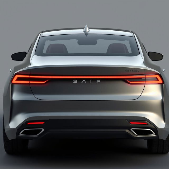 Design a unique and hyper-realistic rear view of an electric sedan named 'SAIF' that does not duplicate any existing car models