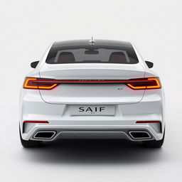 Design a unique and hyper-realistic rear view of an electric sedan named 'SAIF' that does not duplicate any existing car models