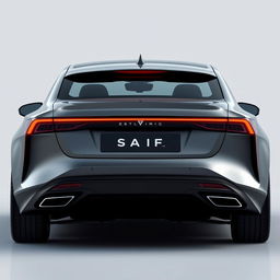 Design a unique and hyper-realistic rear view of an electric sedan named 'SAIF' that does not duplicate any existing car models