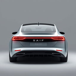 Design a unique and hyper-realistic rear view of an electric sedan named 'SAIF' that does not duplicate any existing car models