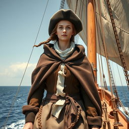 Create an image of a 16th-century female navigator disguised as a man on a ship