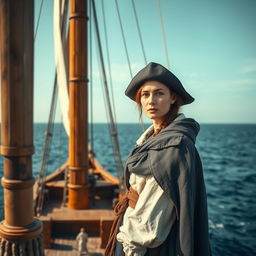 Create an image of a 16th-century female navigator disguised as a man on a ship