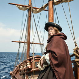 Create an image of a 16th-century female navigator disguised as a man on a ship