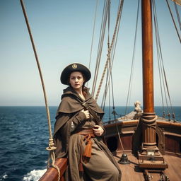 Create an image of a 16th-century female navigator disguised as a man on a ship