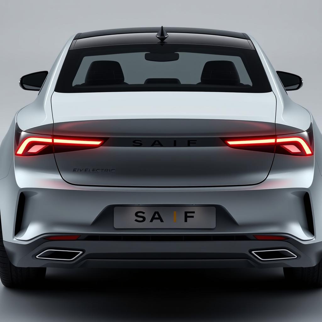 Design a unique and hyper-realistic rear view of an electric sedan named 'SAIF' that does not duplicate any existing car models