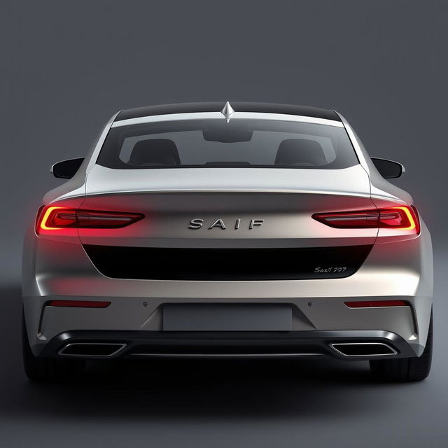 Design a unique and hyper-realistic rear view of an electric sedan named 'SAIF' that does not duplicate any existing car models