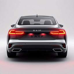 Design a unique and hyper-realistic rear view of an electric sedan named 'SAIF' that does not duplicate any existing car models