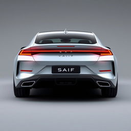 Design a unique and hyper-realistic rear view of an electric sedan named 'SAIF' that does not duplicate any existing car models