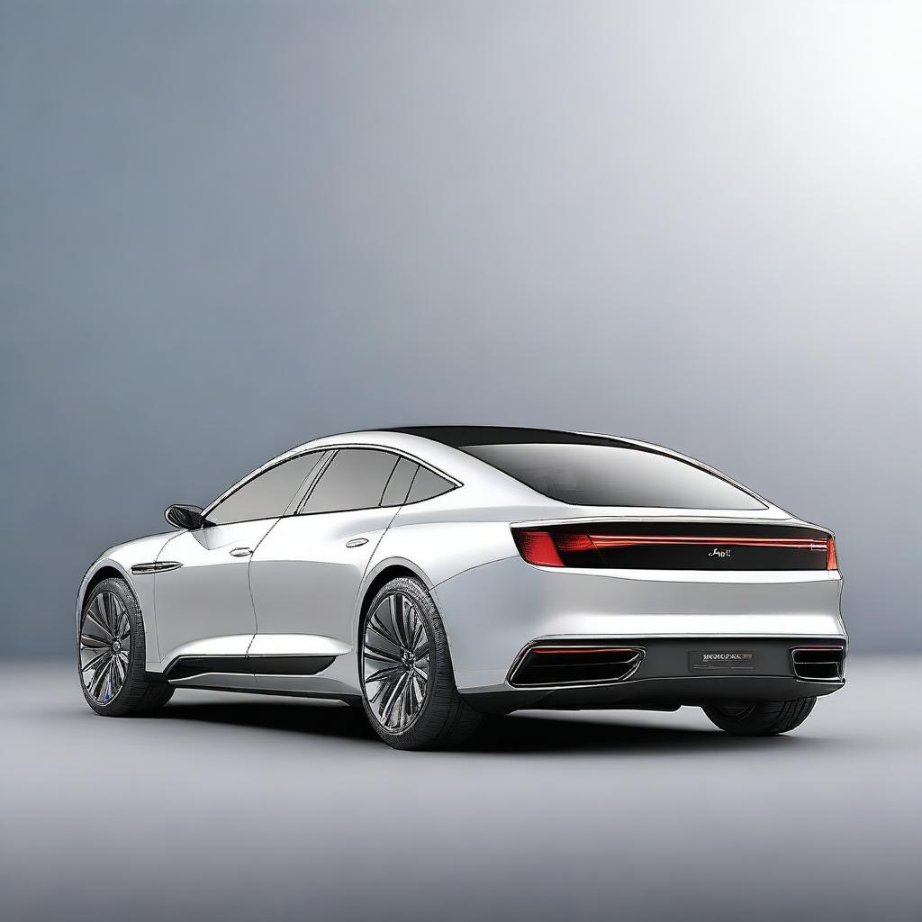 Design a unique and hyper-realistic rear view of an electric sedan named 'SAIF' that does not duplicate any existing car models