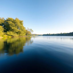 A serene landscape featuring a calm lake surrounded by lush green trees, with a clear blue sky and gentle sunlight reflecting off the water