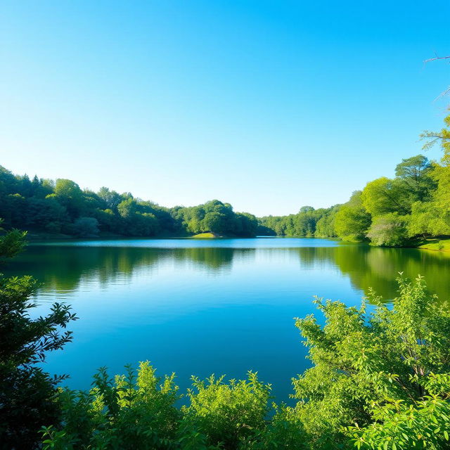 A serene landscape featuring a calm lake surrounded by lush green trees, with a clear blue sky and gentle sunlight reflecting off the water