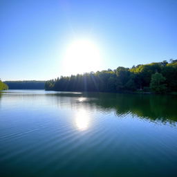 A serene landscape featuring a calm lake surrounded by lush green trees, with a clear blue sky and gentle sunlight reflecting off the water