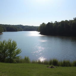 A serene landscape featuring a calm lake surrounded by lush green trees, with a clear blue sky and gentle sunlight reflecting off the water