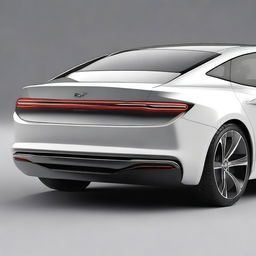 Create a hyper-realistic and unique rear view of an electric sedan named 'SAIF'