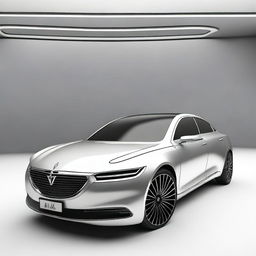 Design a unique front view of an electrical sedan vehicle with hyper-realistic, editorial, high fashion, and elegant design