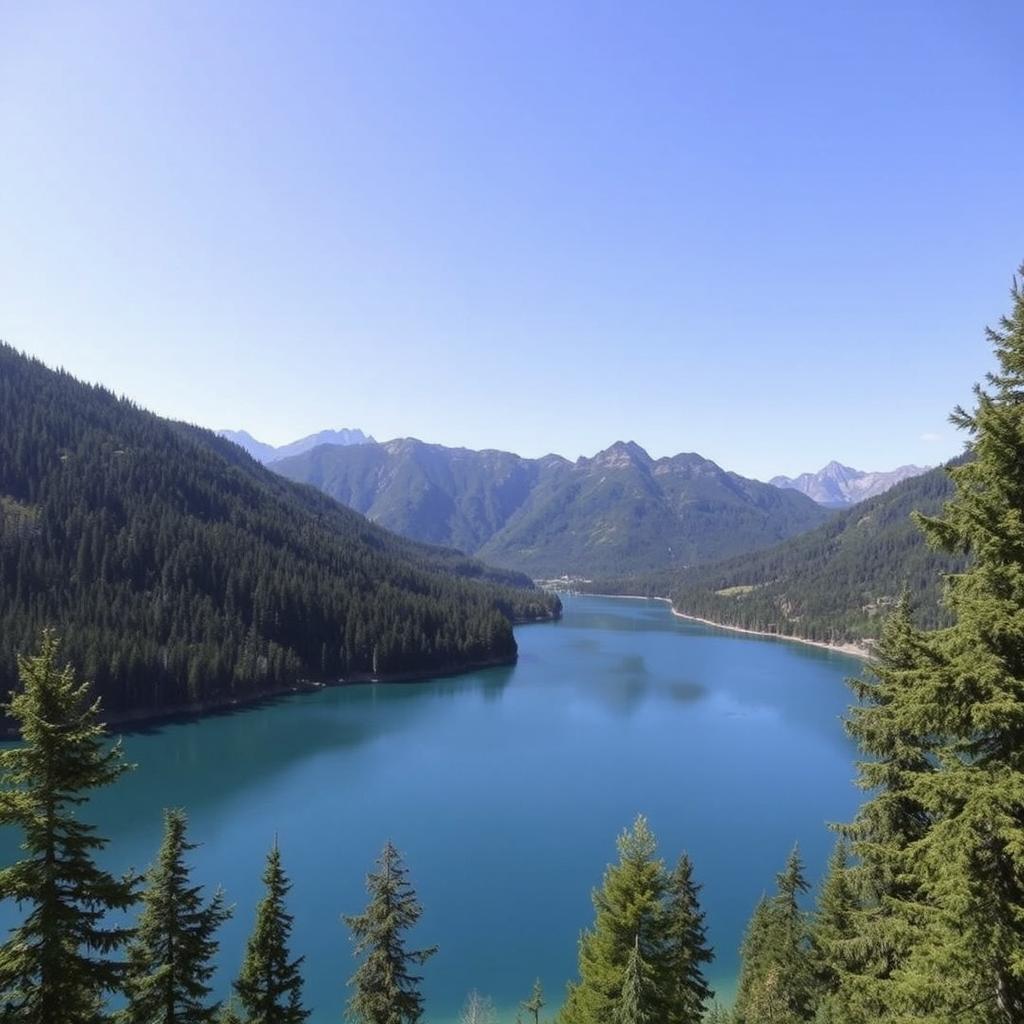 A beautiful landscape featuring a serene lake surrounded by lush green trees and mountains in the background under a clear blue sky