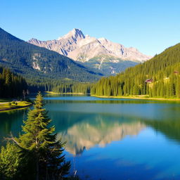 A beautiful landscape featuring a serene lake surrounded by lush green trees and mountains in the background under a clear blue sky