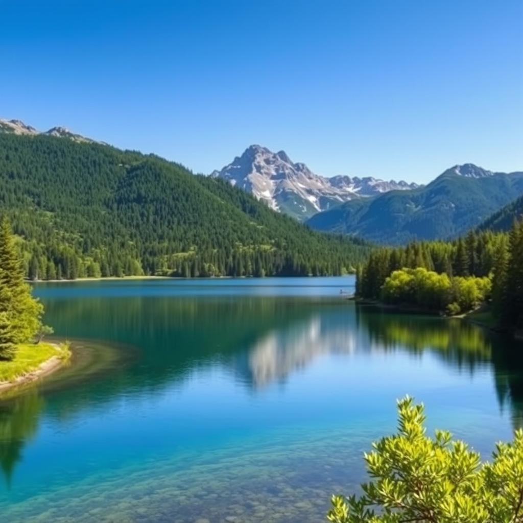 A beautiful landscape featuring a serene lake surrounded by lush green trees and mountains in the background under a clear blue sky