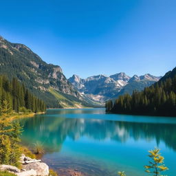 A beautiful landscape featuring a serene lake surrounded by lush green trees and mountains in the background under a clear blue sky