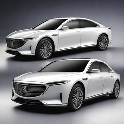 Create a hyper-realistic and elegant design for a unique front electrical sedan vehicle