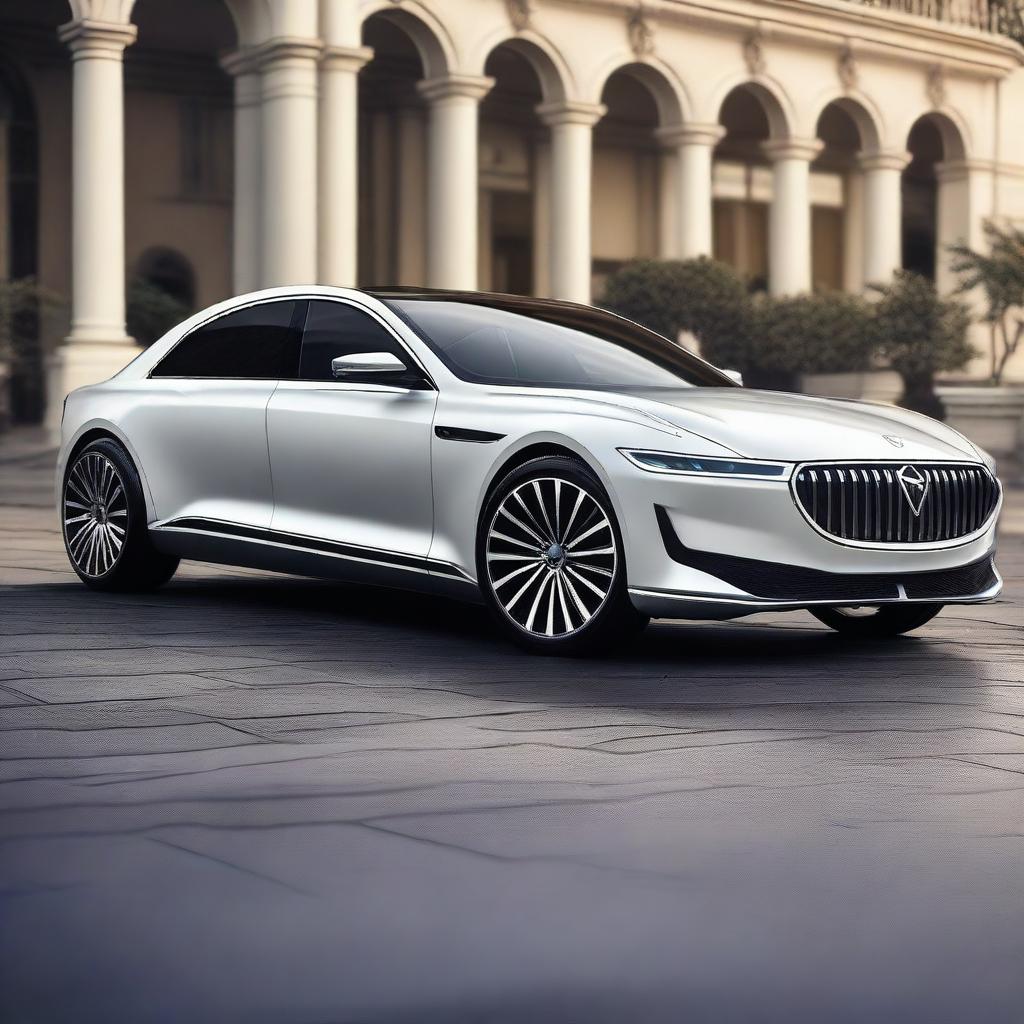 Create a hyper-realistic and elegant design for a unique front luxury electrical sedan vehicle