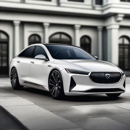 Create a hyper-realistic and elegant design for a unique front luxury electrical sedan vehicle