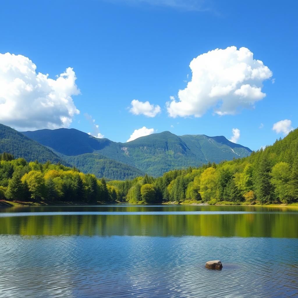 A beautiful and serene landscape featuring a calm lake surrounded by lush green trees and mountains in the background, with a clear blue sky and fluffy white clouds