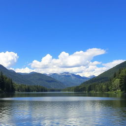 A beautiful and serene landscape featuring a calm lake surrounded by lush green trees and mountains in the background, with a clear blue sky and fluffy white clouds