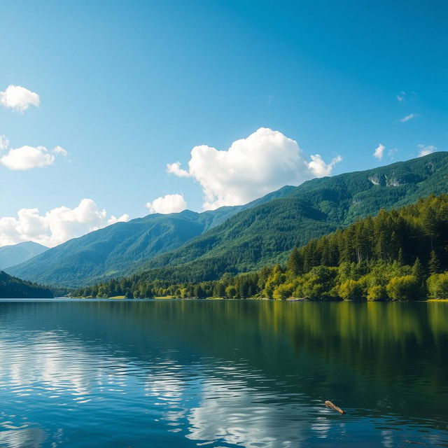 A beautiful and serene landscape featuring a calm lake surrounded by lush green trees and mountains in the background, with a clear blue sky and fluffy white clouds