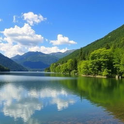 A beautiful and serene landscape featuring a calm lake surrounded by lush green trees and mountains in the background, with a clear blue sky and fluffy white clouds