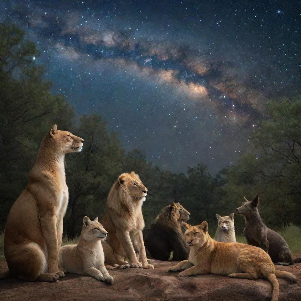 Riveting scene of various animals in their natural habitat, attentive and gazing towards a sparkling night sky filled with shimmering stars and celestial bodies.