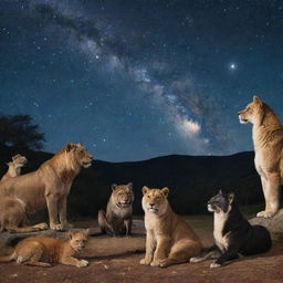 Riveting scene of various animals in their natural habitat, attentive and gazing towards a sparkling night sky filled with shimmering stars and celestial bodies.