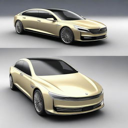 Design a front view of a unique luxury electrical sedan vehicle with an elegant and sophisticated appearance