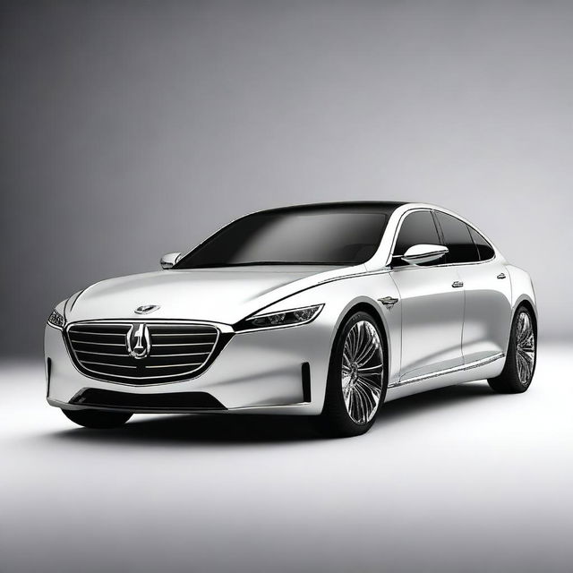 Design a front view of a unique luxury electrical sedan vehicle with an elegant and sophisticated appearance