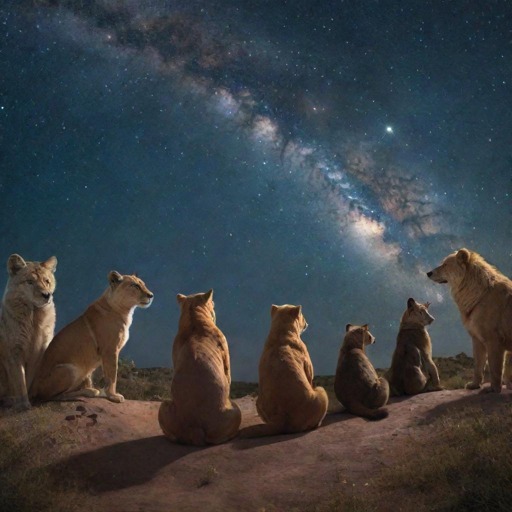 Riveting scene of various animals in their natural habitat, attentive and gazing towards a sparkling night sky filled with shimmering stars and celestial bodies.