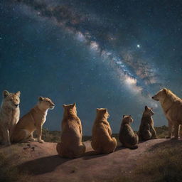 Riveting scene of various animals in their natural habitat, attentive and gazing towards a sparkling night sky filled with shimmering stars and celestial bodies.